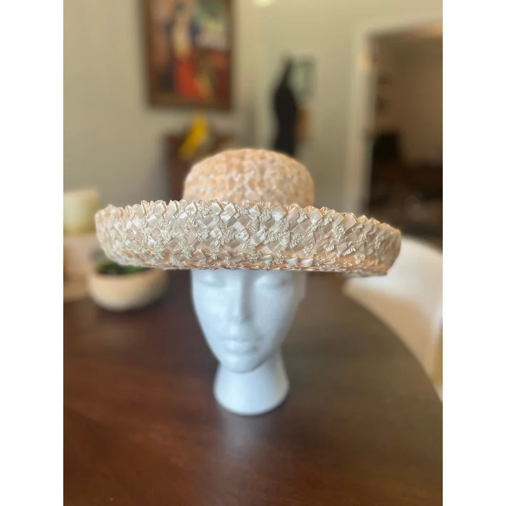 Belks Straw Sun Hat Womens 22 Cream Excellent Vintage 60s Wide Brim Ribbon Box